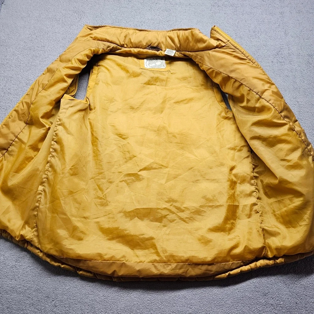 Timberland Hooded Puffer Vest Mens XL Gold Brown Fleece Trim Full Zip‎ Outdoor